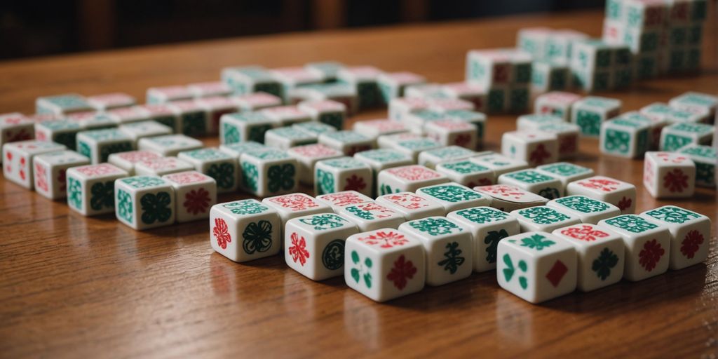 Mahjong Poker Tiles arranged neatly on a wooden table.