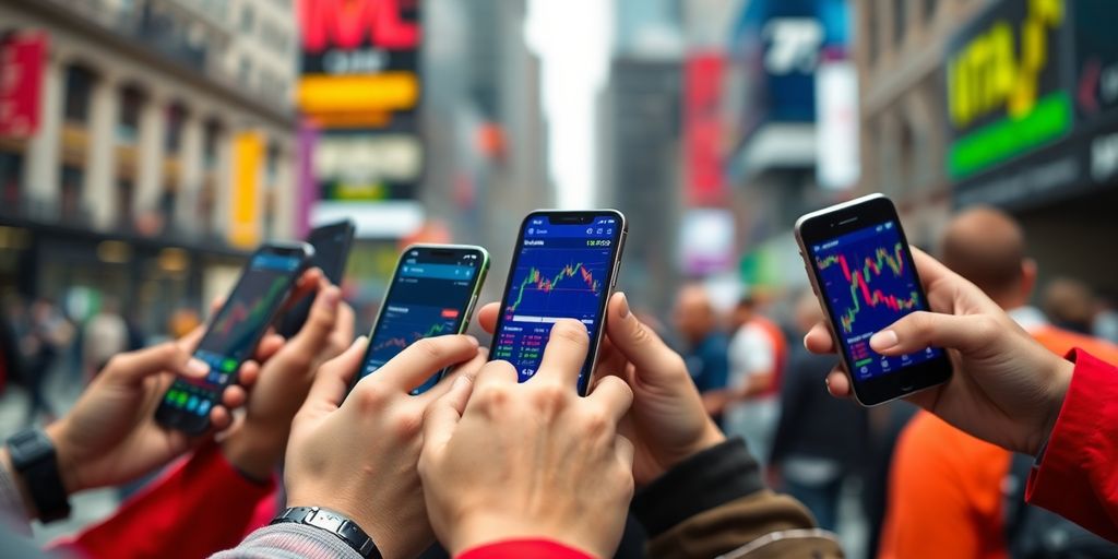 Hands holding stock market trading apps