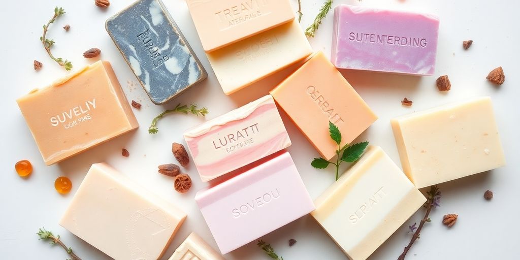 Assortment of colorful bar soaps with natural ingredients.