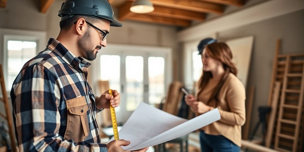 Contractor measuring wood in a home renovation setting.