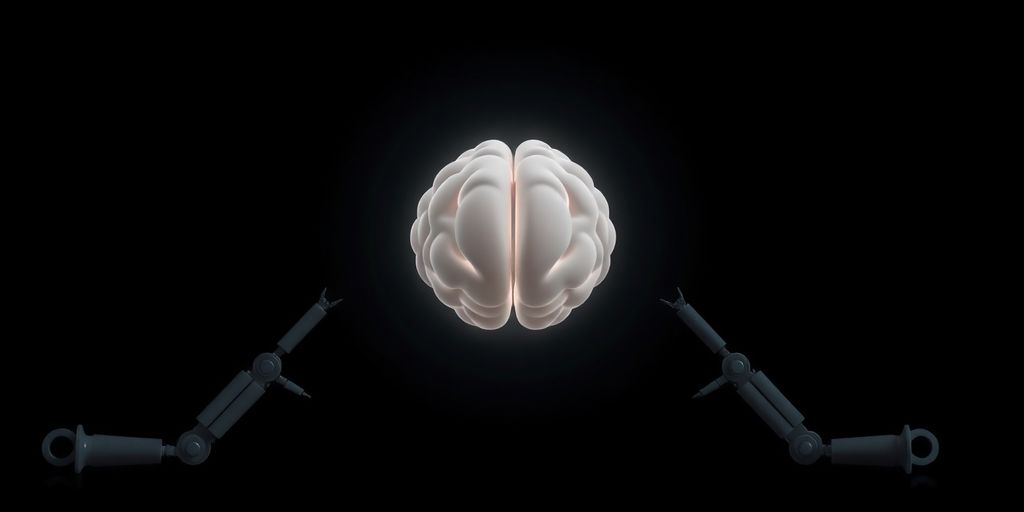 Minimalistic robotic arms working on glowing AI brain.
