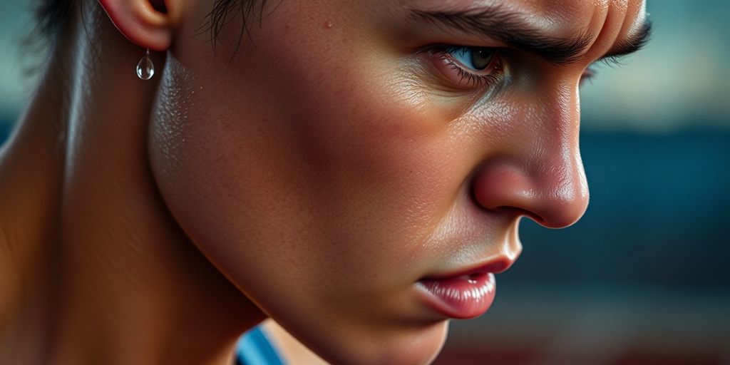 Sweaty person exercising, with visible moisture