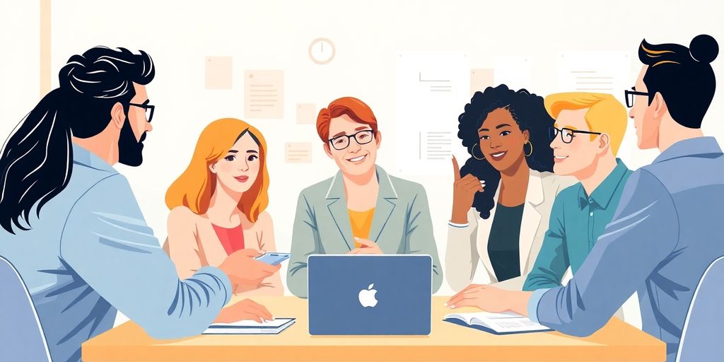 Illustrasjon av gründere som samarbeider i et kontorlandskap.