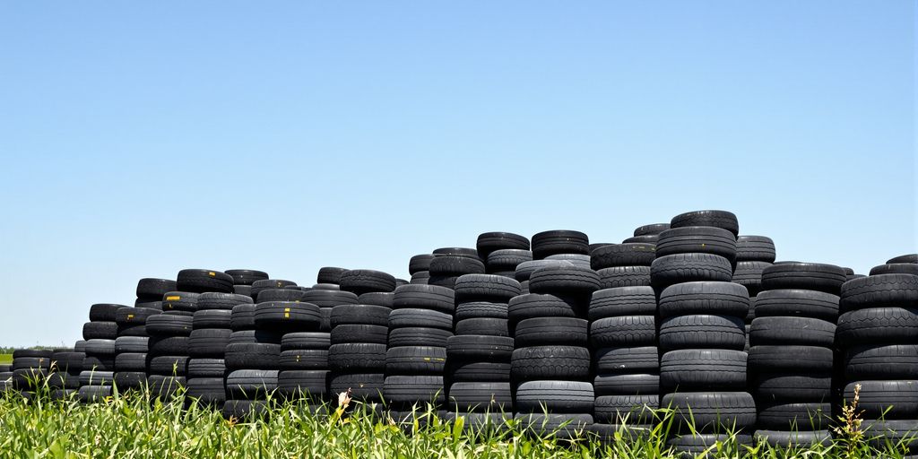Neatly stacked used tires in an outdoor, grassy area.