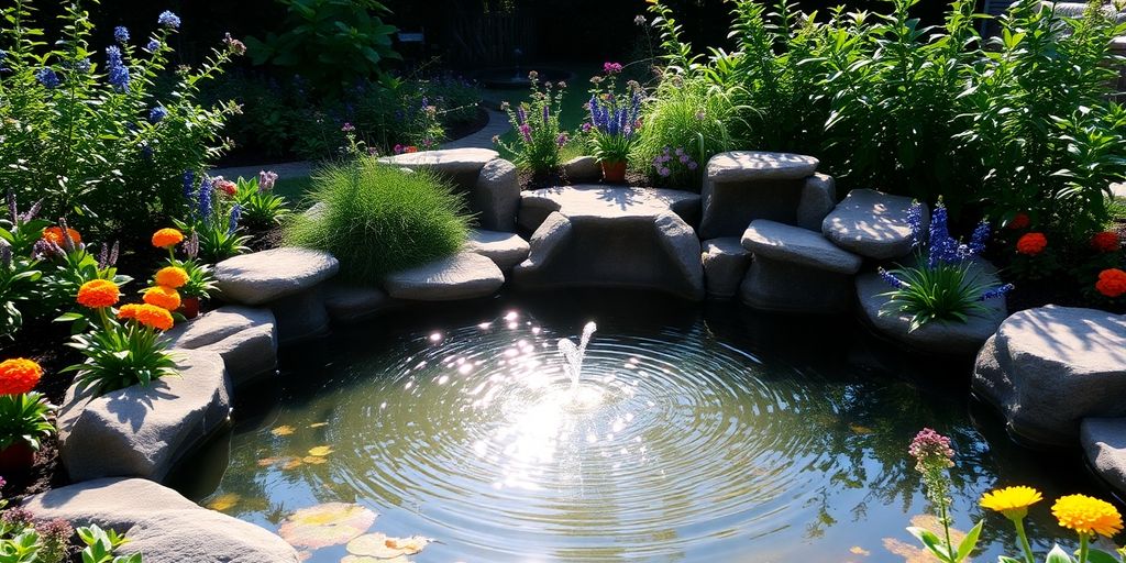 Calming water feature in a vibrant garden setting.