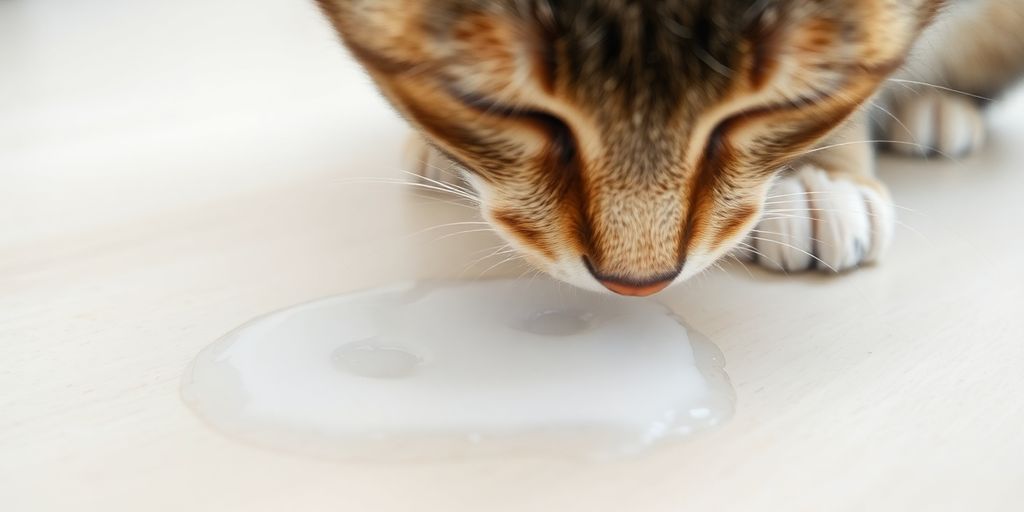 Cat near white foamy vomit on light floor.