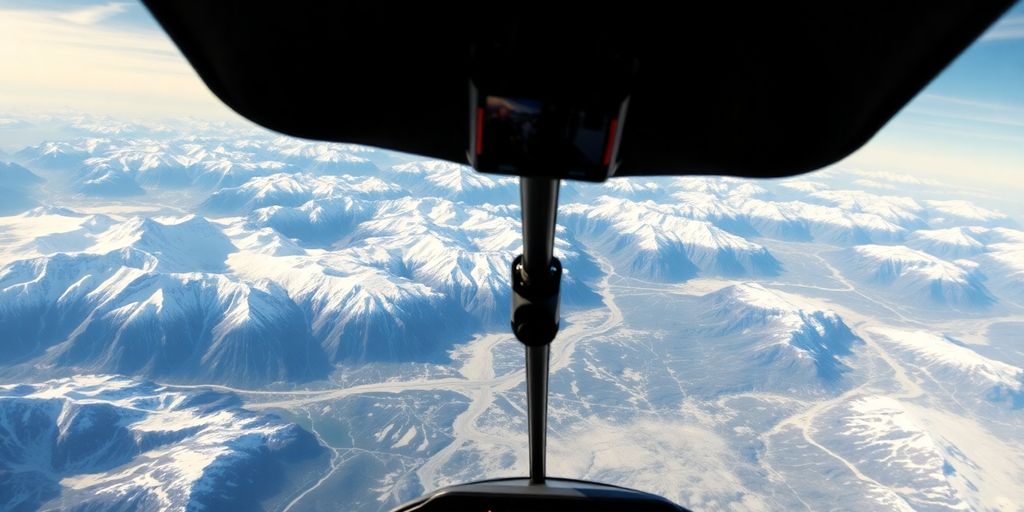A helicopter flying over a vast, snowy Alaskan mountain range.