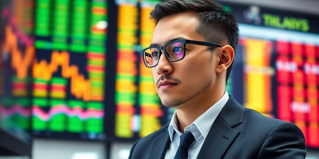 Person smiling, looking at a monitor with financial data.
