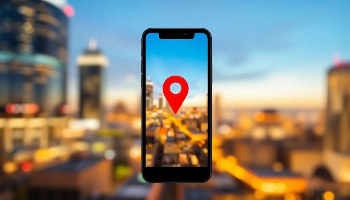 Smartphone with location pin over blurred city skyline.
