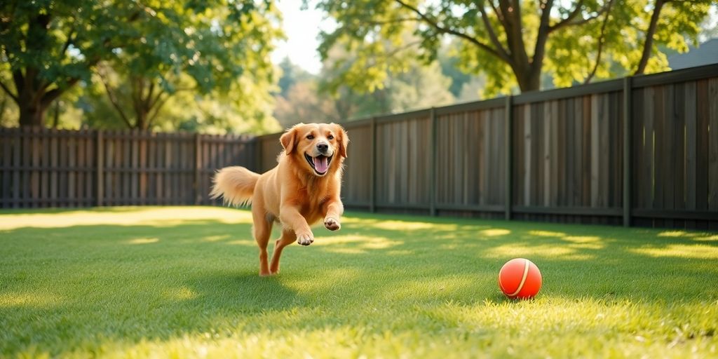 Golden retriever playing fetch in a sunny, fenced backyard.