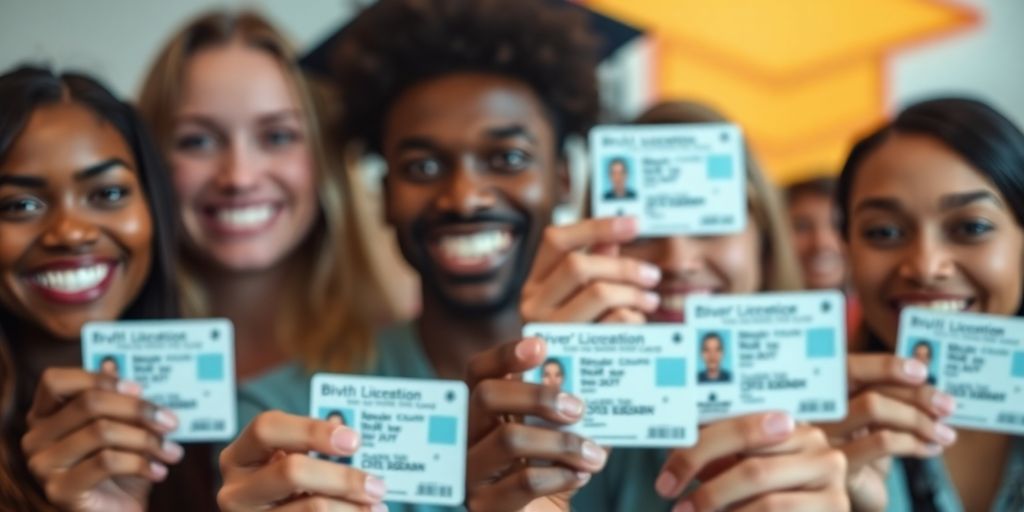 Pessoas sorrindo com detalhes de carteiras de motorista.