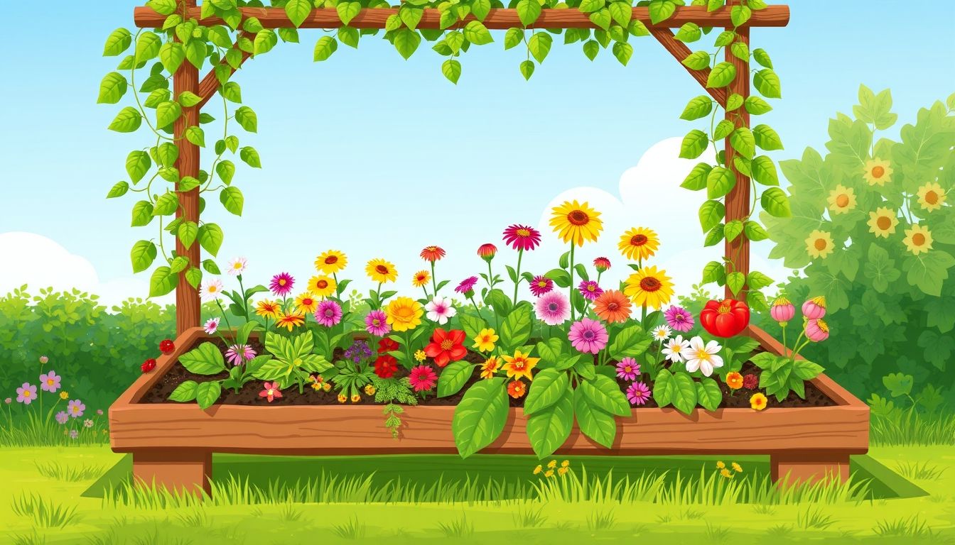 Elevated garden bed with flowers and vegetables.