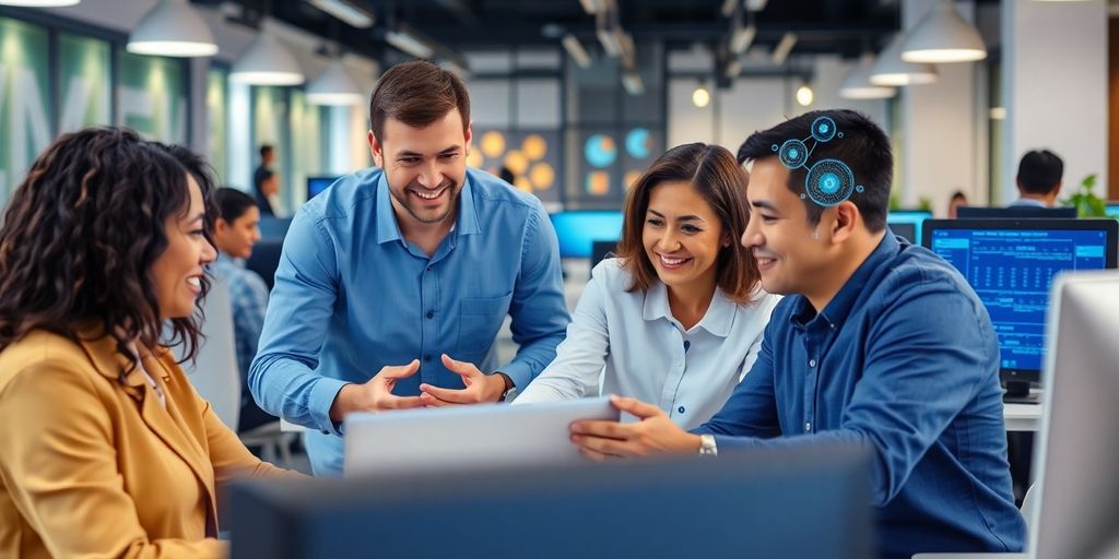 Dinamika u kancelariji sa AI tehnologijom i timom.