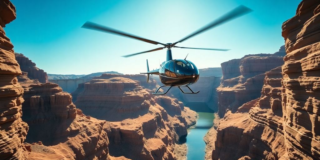 A helicopter flying over the Grand Canyon and Hoover Dam.