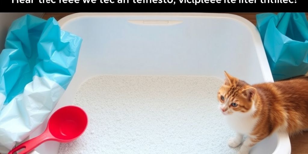 Clean litter box with pet care items and a cat.