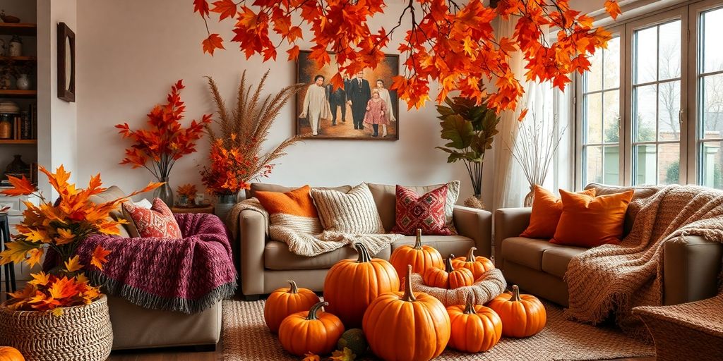 Cozy living room decorated for fall with pumpkins and leaves.