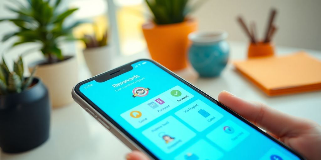 Smartphone showing a rewards app with cash icons.