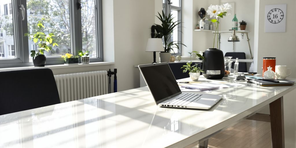 A clean, modern dedicated desk in a bright office.