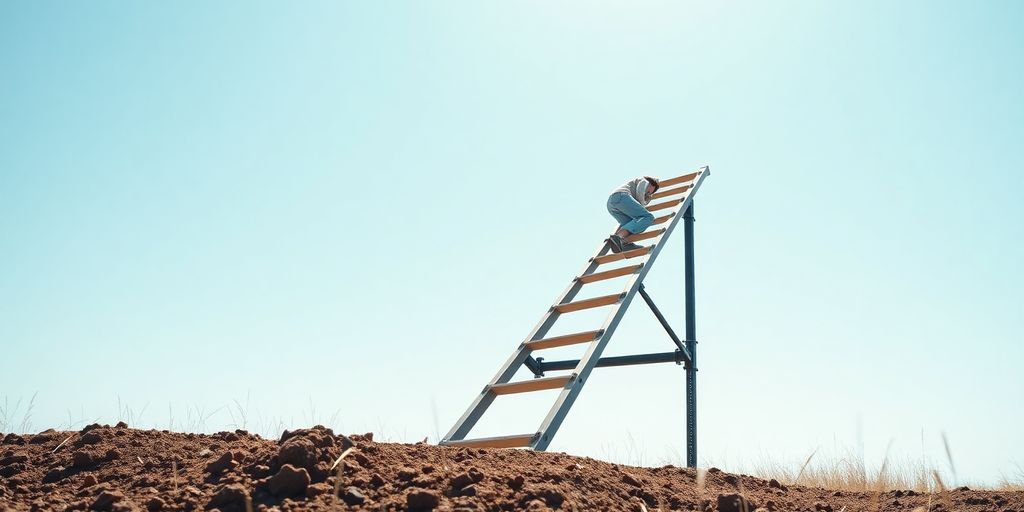 A person climbing a ladder towards a bright sky.