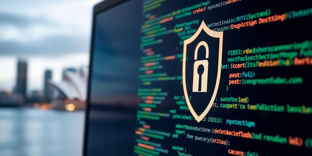 Computer screen with code and security icons in Sydney.