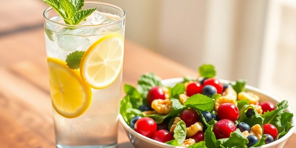 Glass of water with lemon and mint next to a healthy salad.