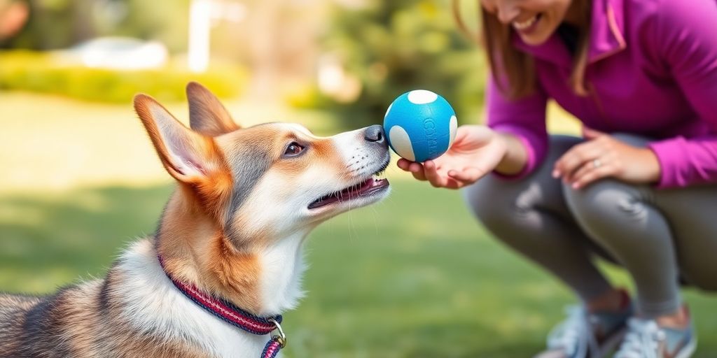 Dog balancing a ball on its nose with owner.