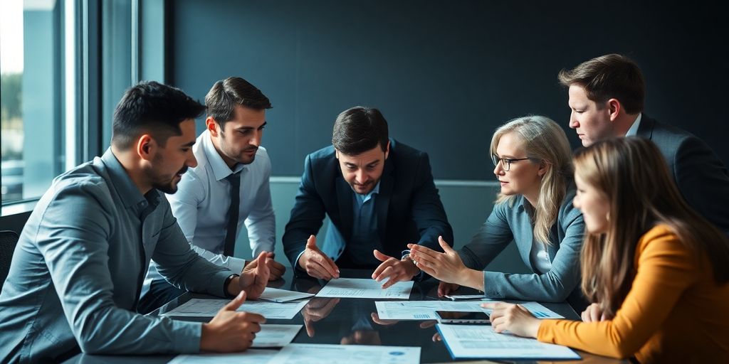 Diverse professionals in a strategic meeting discussing insights.