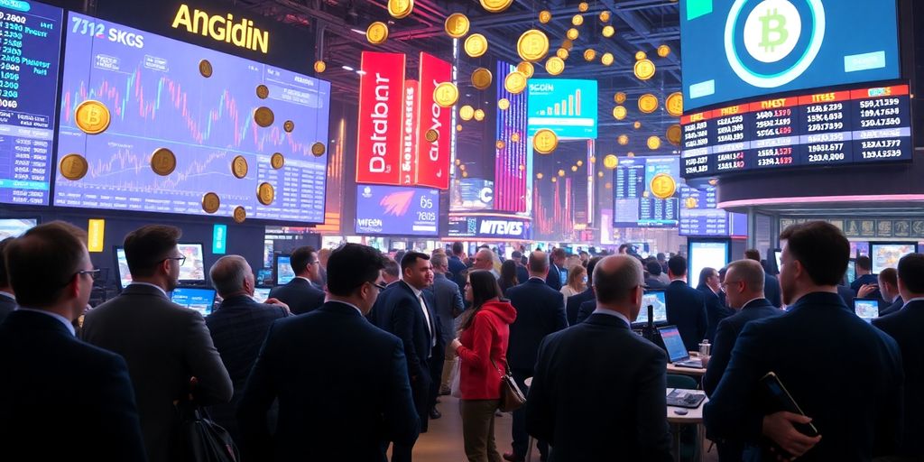 Investors discussing cryptocurrency trends in a lively market setting.