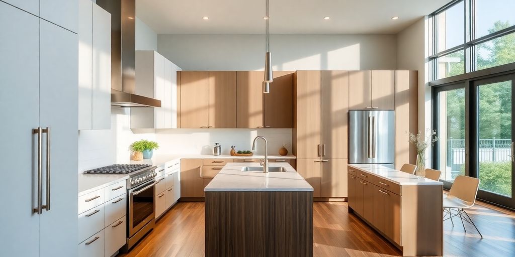 Modern renovated kitchen with island and natural light