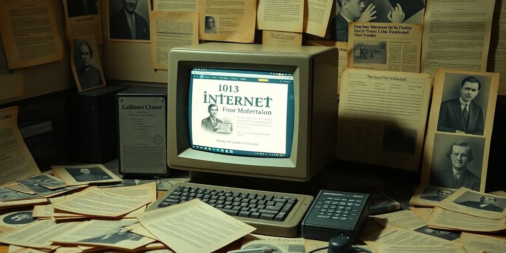 Vintage computer, historical documents, and old photographs depicting internet history.