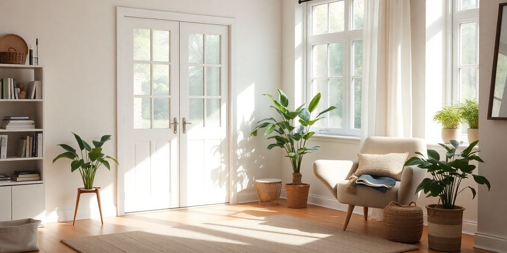 Serene minimalist room with natural light.