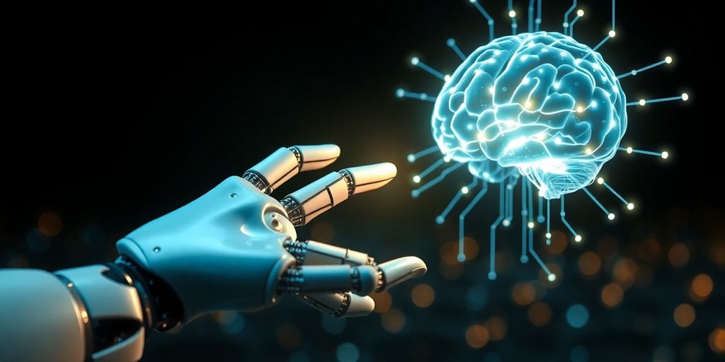 Humanoid robot hand touching a glowing digital brain.