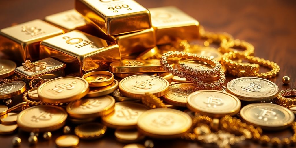 Lingots d'or, pièces et bijoux étincelants