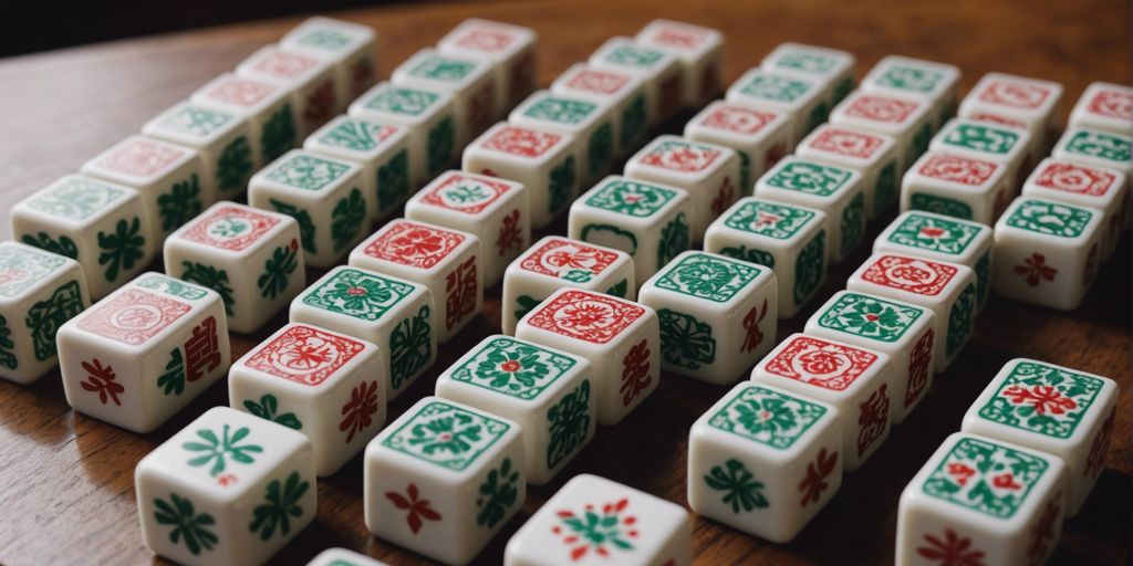 A set of Mahjong tiles with intricate designs and vibrant colors, arranged on a wooden table.