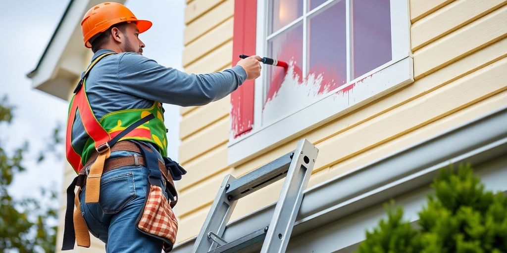 Painter carefully ascends ladder to paint house exterior.