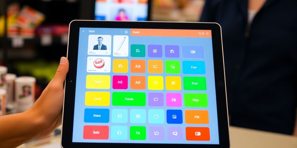 Odoo POS interface with colorful buttons.