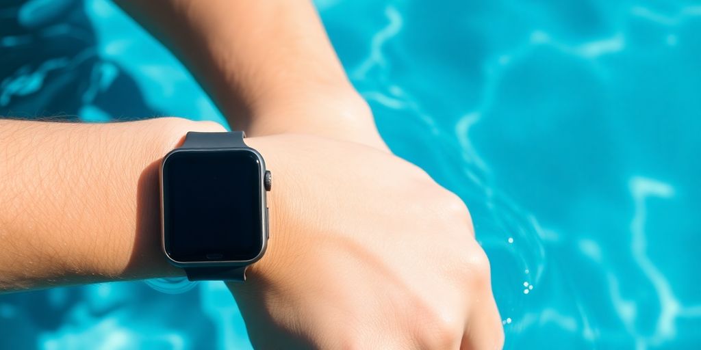 Swimming watch on a swimmer's wrist underwater.