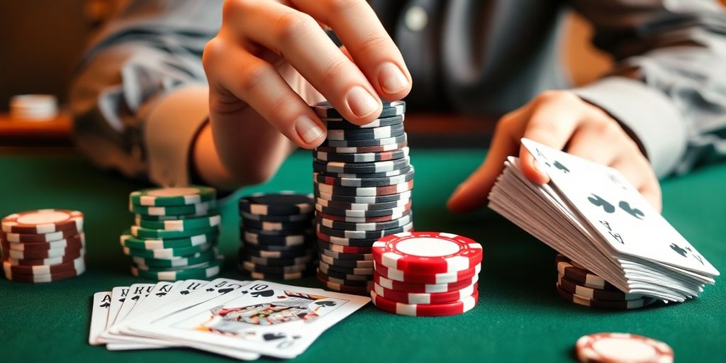 Man focused on casino chips and cards.