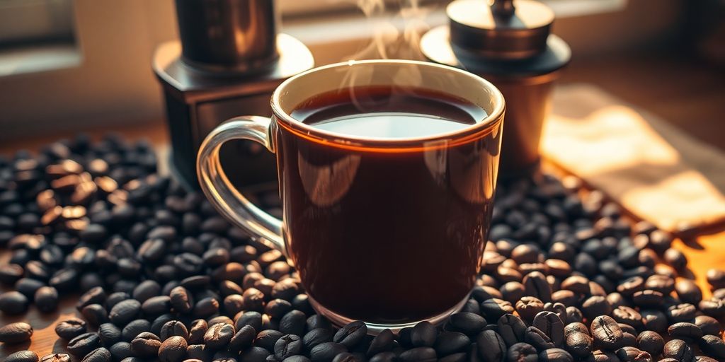 Coffee beans, grinder, mug, and steam.