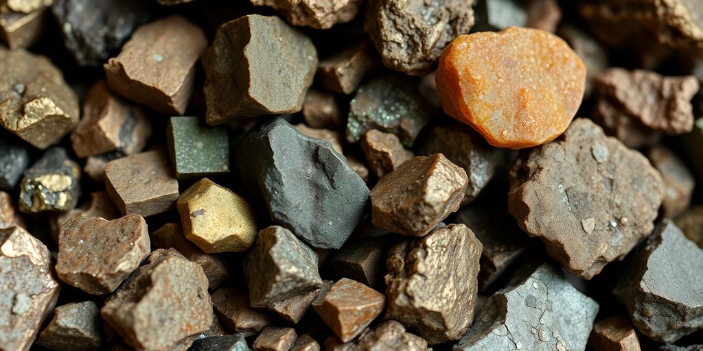 Piles de minerais aux teintes variées.