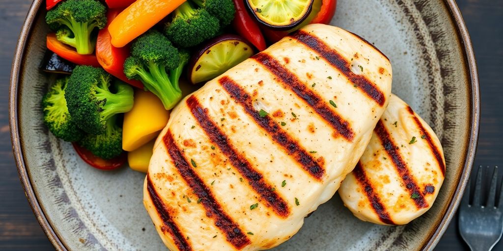 Colorful keto dinner plate with grilled chicken and vegetables.
