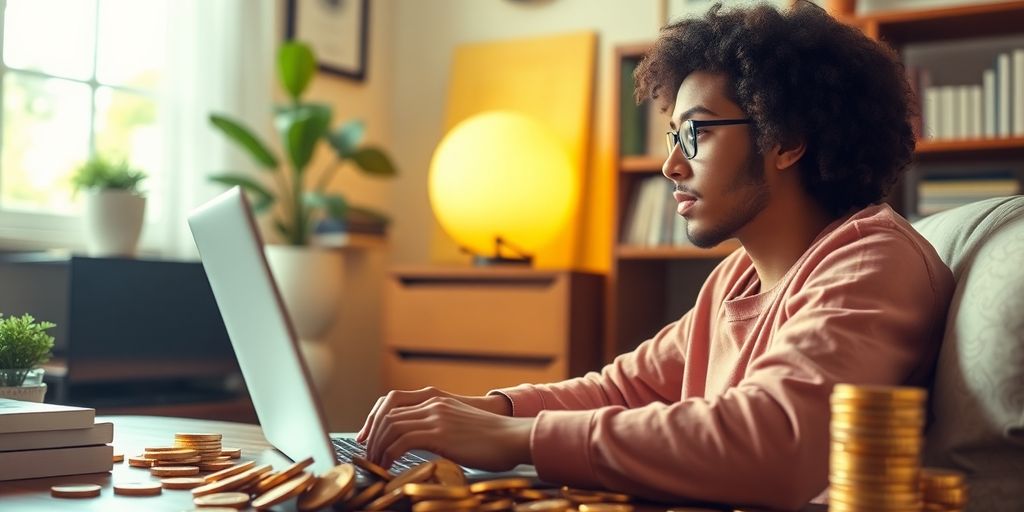Beginner learning cryptocurrency on a laptop with coins.