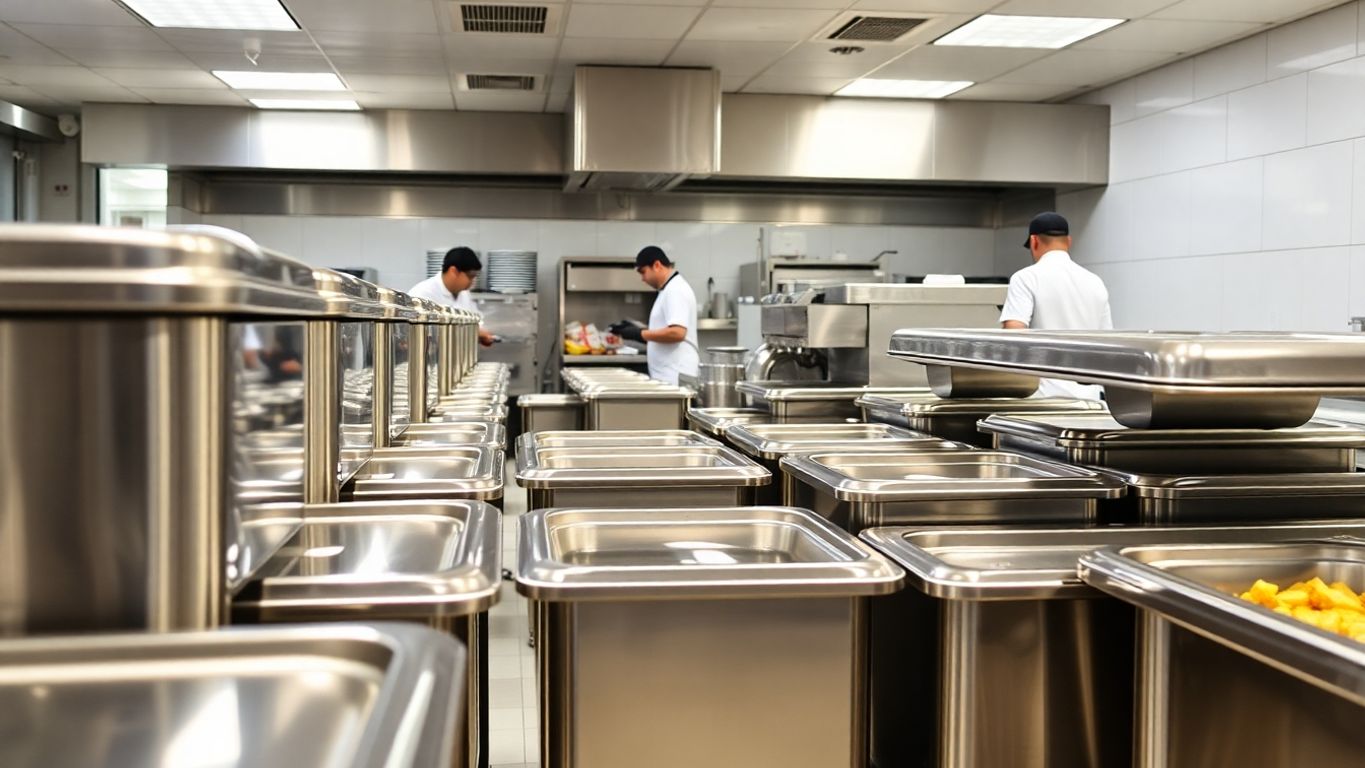 Restaurant kitchen with cold storage containers.