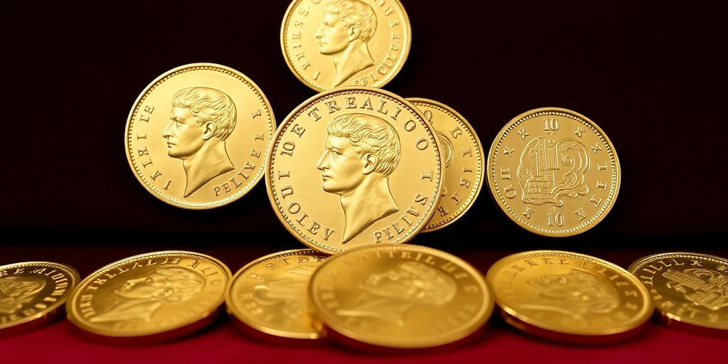 Pièces de 10 francs Napoléon en or sur fond riche.