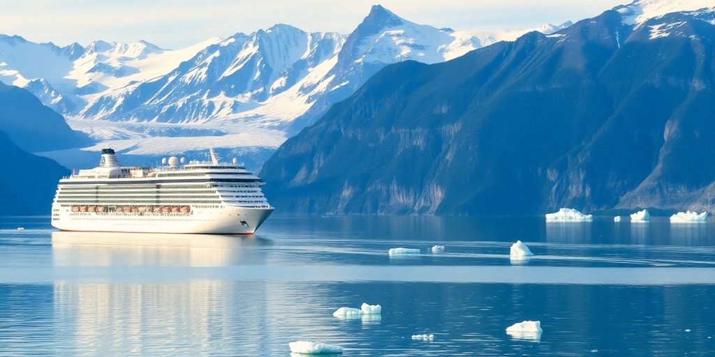 Cruise ship sailing Alaskan waters with glaciers