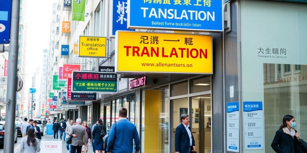 A lively street with various translation offices.