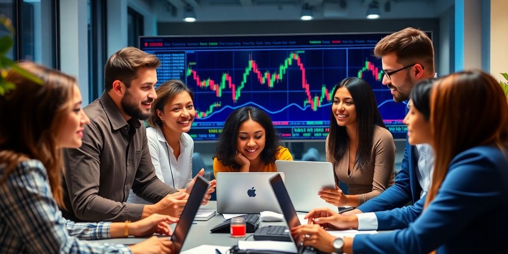 Professionals collaborating in a modern forex trading environment.