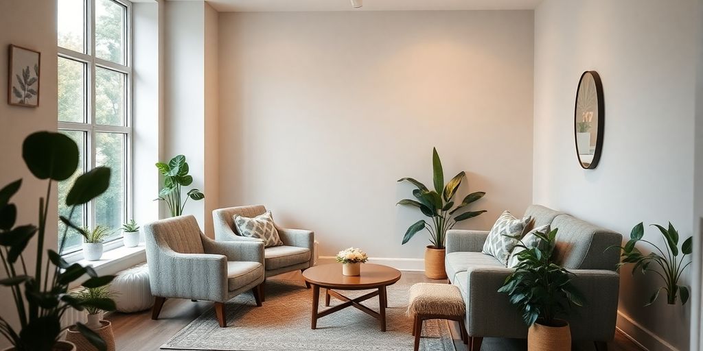 Therapy room with cozy seating and calming decor.