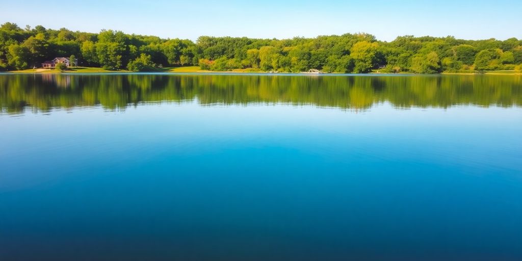 Serene Wisconsin lake surrounded by lush greenery.