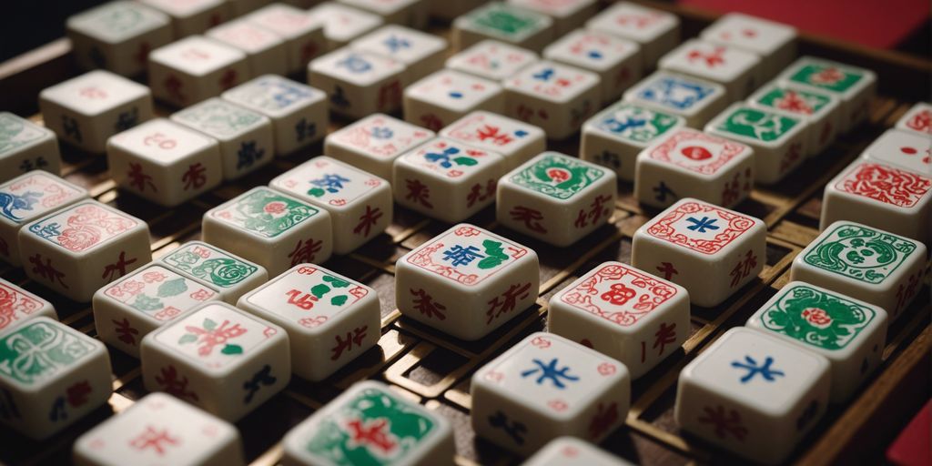 Mahjong game in progress, highlighting the 13 tiles with traditional Chinese symbols and intricate designs.